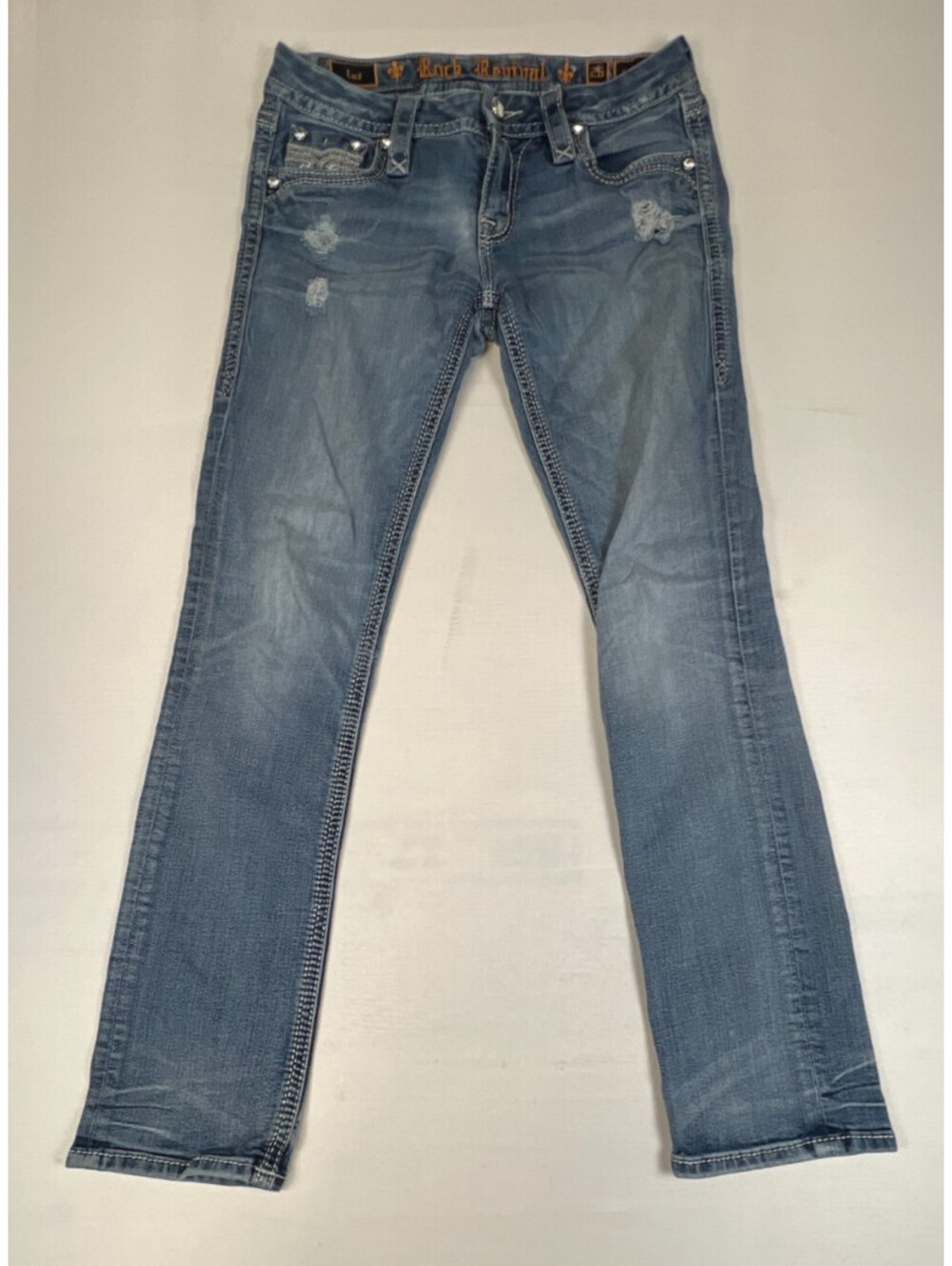 Rock Revival Women 26 Luz Easy Straight Jeans Blue Distressed Denim